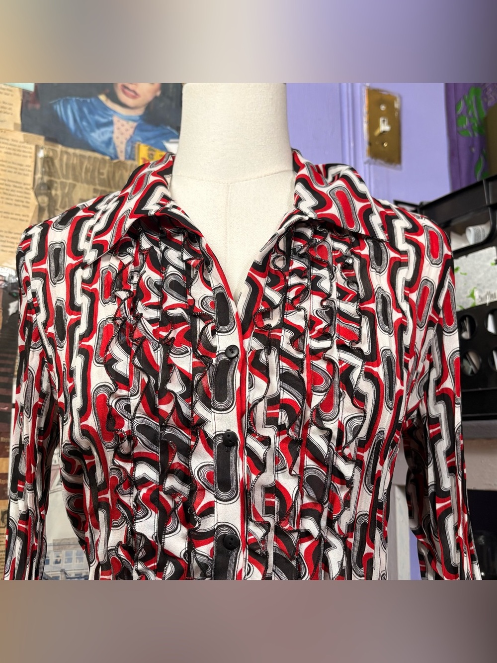 Worthington Retro Abstract Ruffle Blouse - Picture 3 of 8